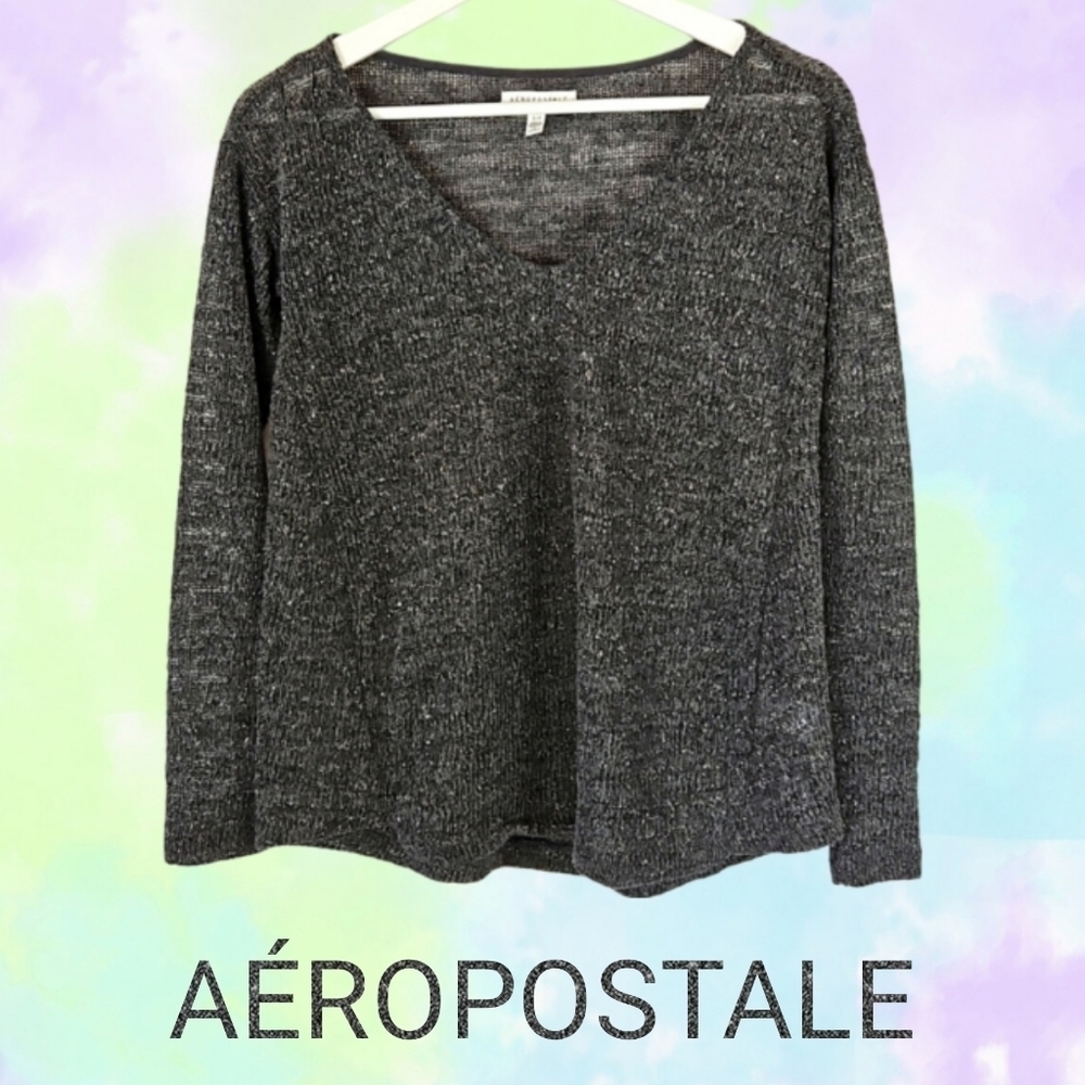 Metallic Knit Sweater Gray Long Sleeve V-neck Top Size S Petite